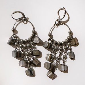 Silver Opalescent Beaded Hoop Chandelier Earrings Y2K Grey Polished Stone Beads